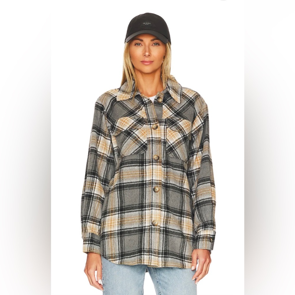 NWT Steve Madden Brooklyn Shacket Grey Tan Plaid Button Front Size L